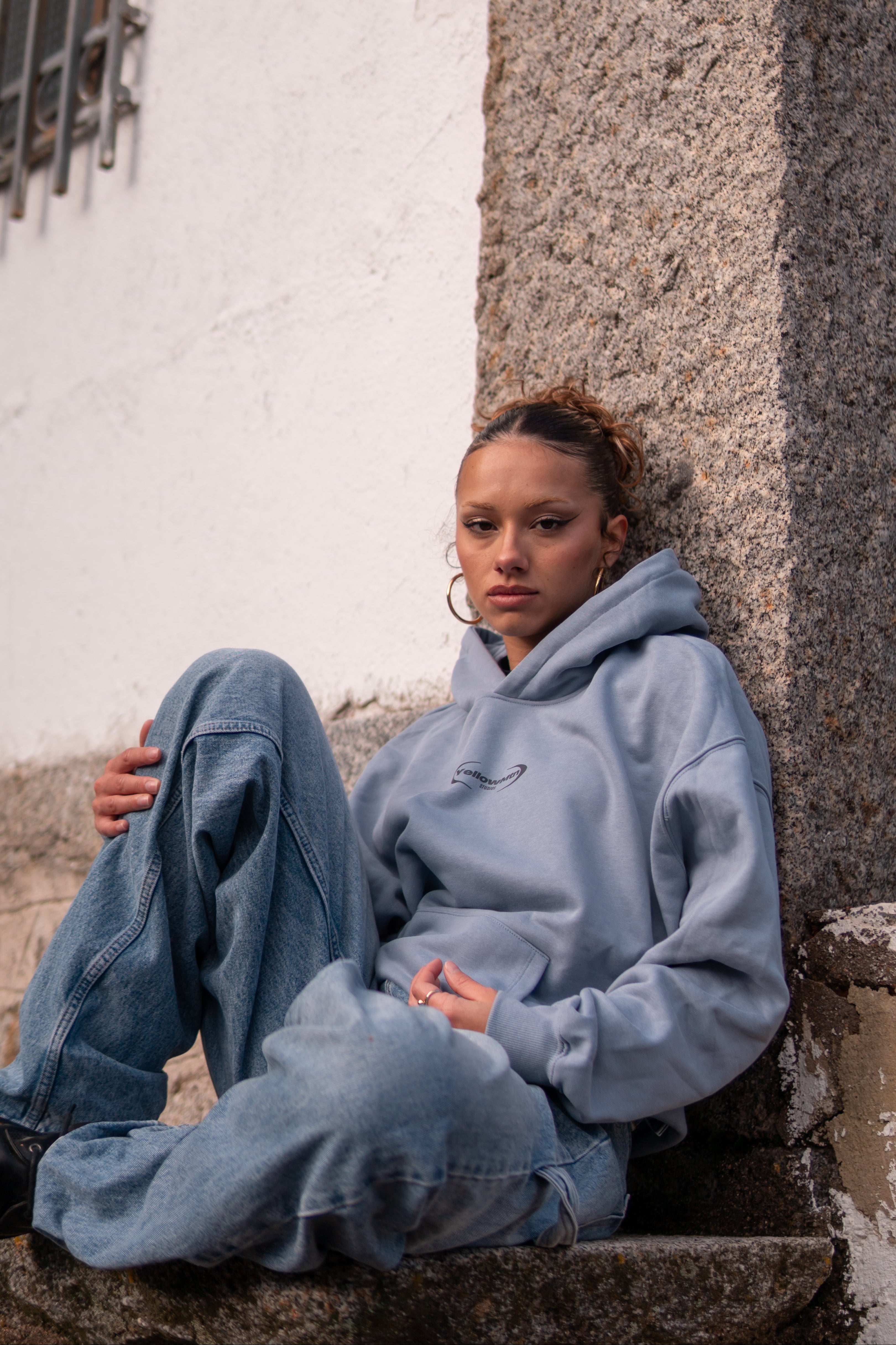 "YELLOW EXCLUSIVE” BLUE GRAY BOXY HOODIE UNISEX